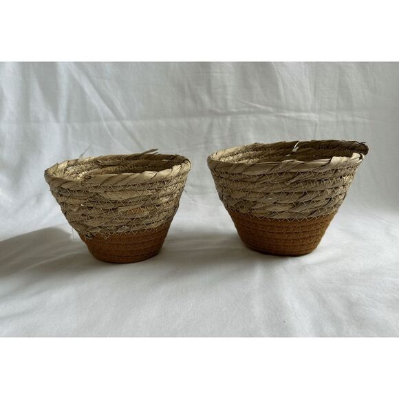 Two-Tone Tan Woven Basket Set, Small 5.5x4 Inches, Plants, Decoration - Picture 1 of 5